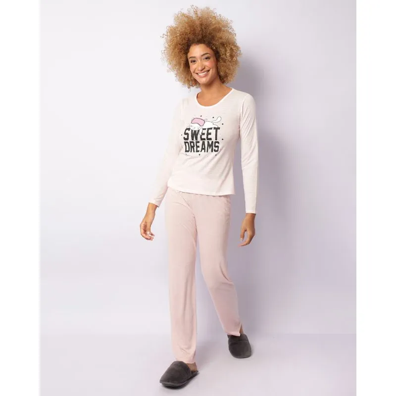 Pijama Feminino Longo Estampa Frontal Love Rosa P