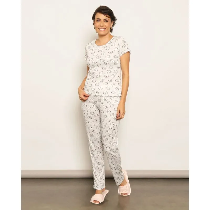Pijama Feminino Longo Estampado Gatos Cinza P