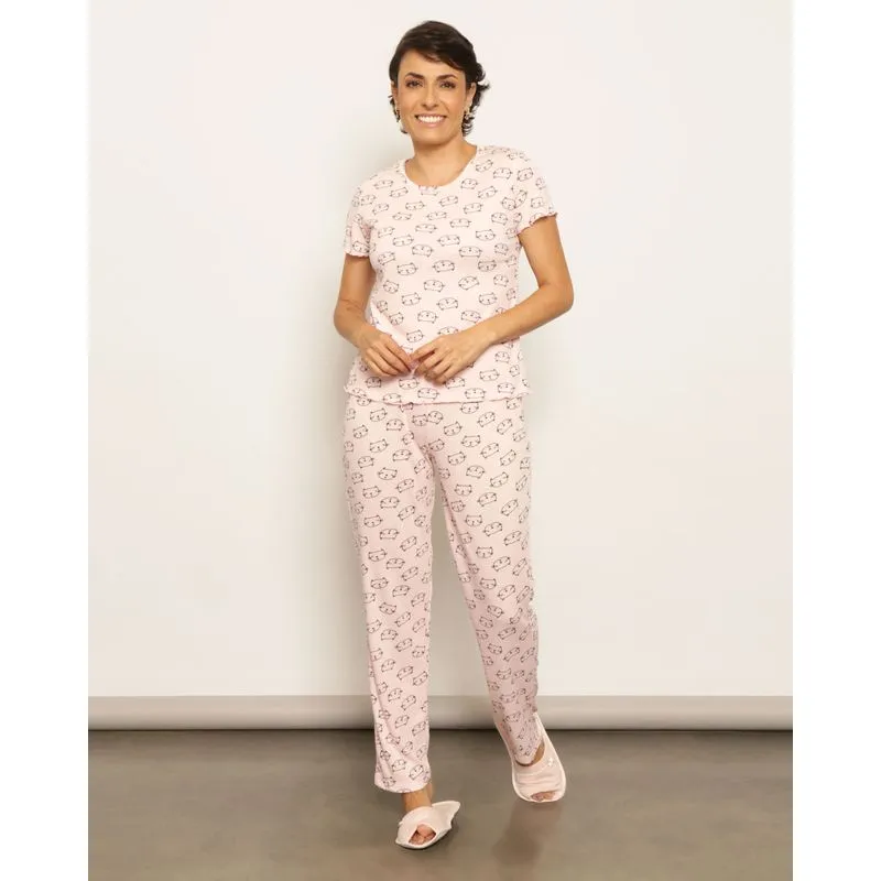 Pijama Feminino Longo Estampado Gatos Rosa G