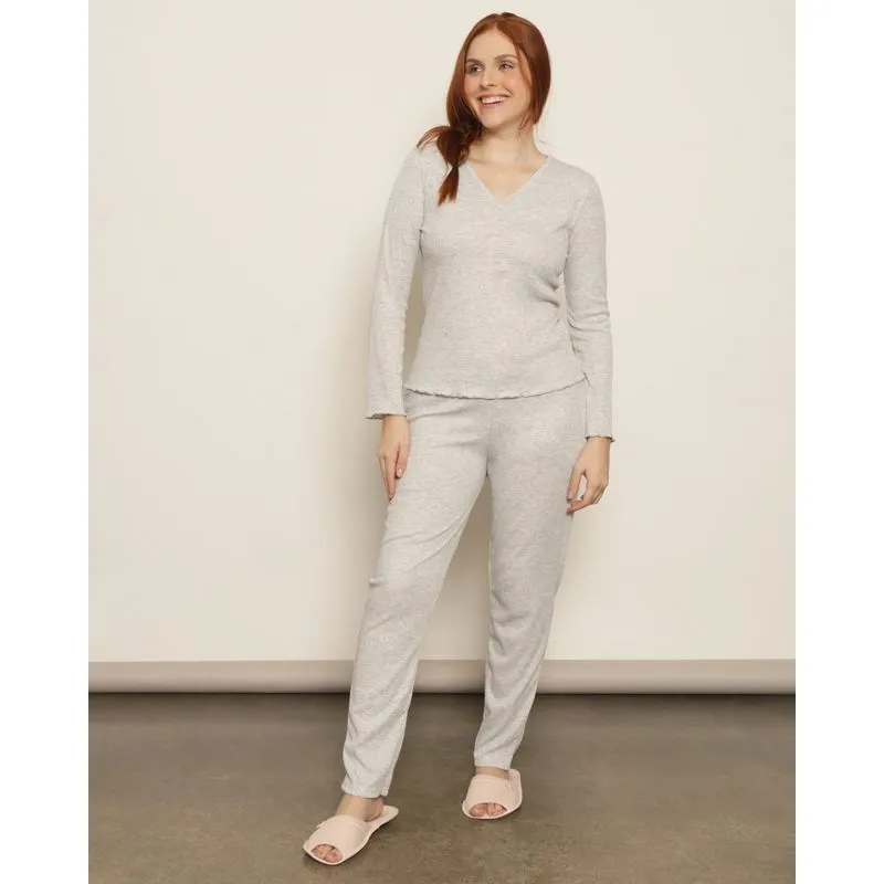 Pijama Feminino Longo Canelado Frufru Cinza G