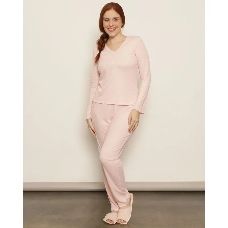 Pijama Feminino Longo Canelado Frufru Rosa G