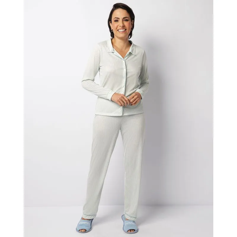 Pijama Feminino Longo Americano Estampa Listrada Verde GG