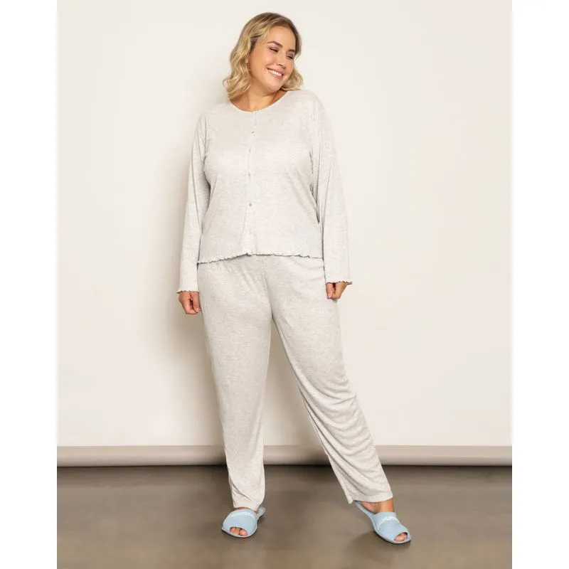 Pijama Plus Size Feminino Longo Com Botões Canelado Cinza 50