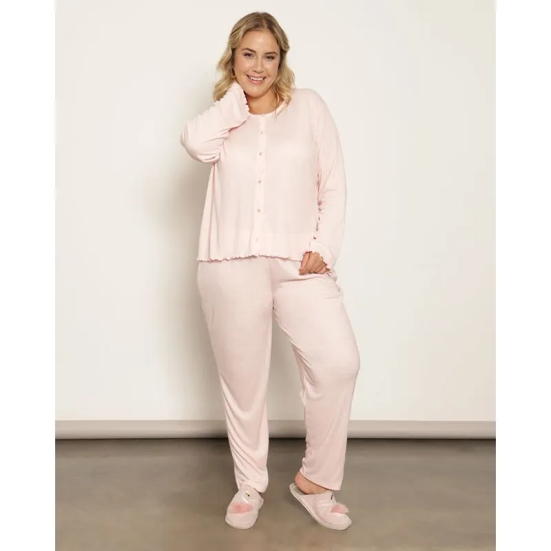 Pijama Plus Size Feminino Longo Com Botões Canelado Rosa 48