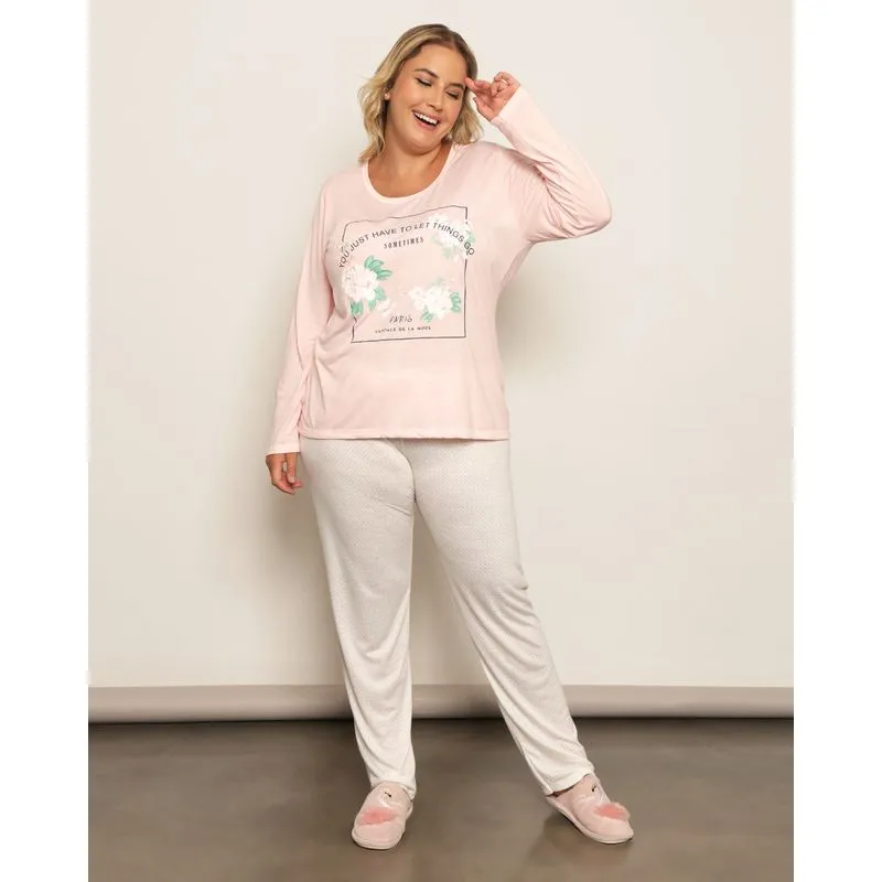 Pijama Plus Size Feminino Longo Estampa Frontal Rosa 50