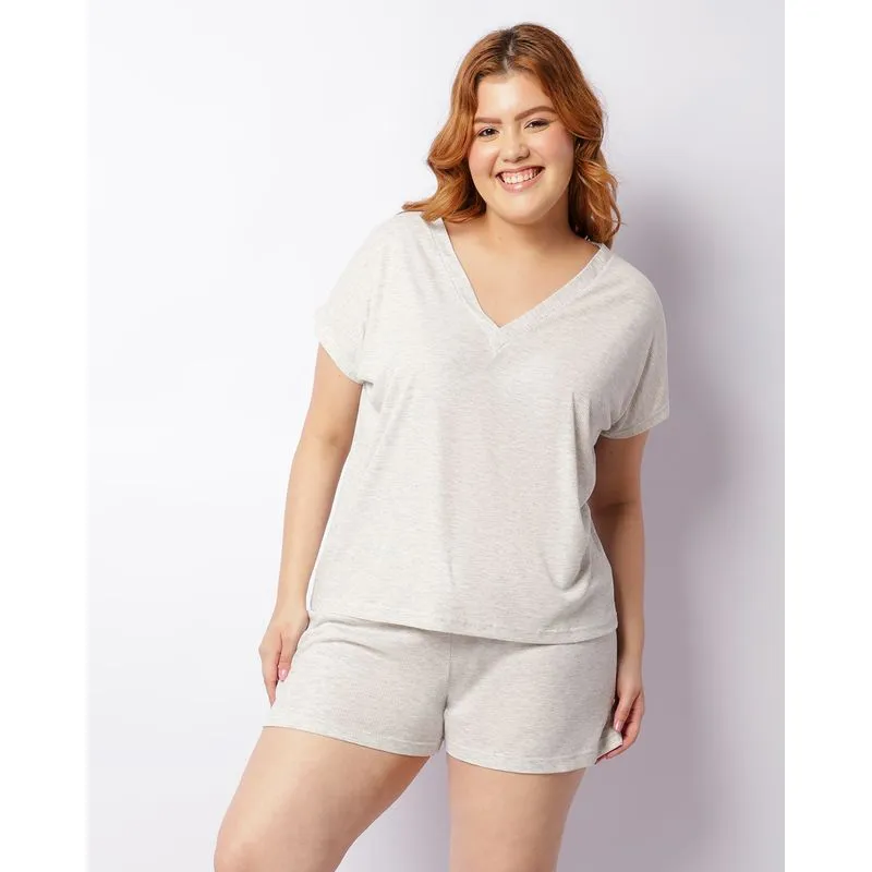 Pijama Plus Size Feminino Curto Canelado Cinza 48