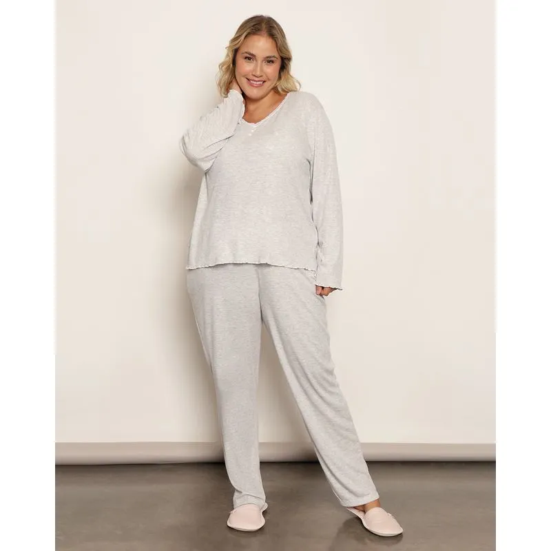 Pijama Plus Size Feminino Longo Decote V Cinza 52