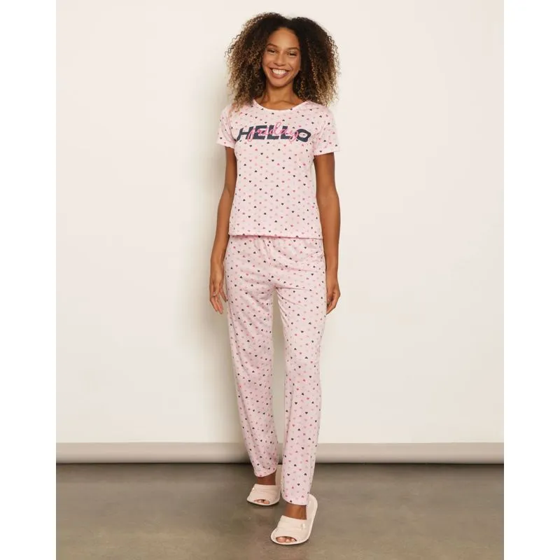Pijama Feminino Longo Manga Curta Estampa Coração Rosa G