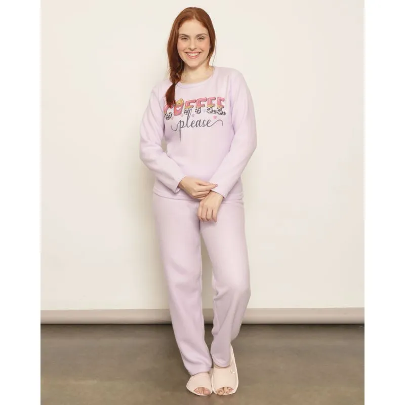 Pijama Feminino Longo Soft Flanelado Estampa Frontal Lilás M
