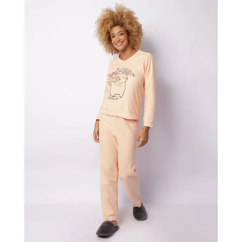 Pijama Feminino Longo Soft Estampa Frontal Laranja M