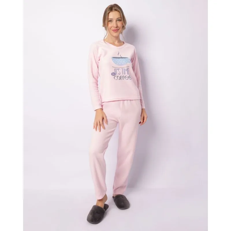 Pijama Feminino Longo Soft Estampa Coffee Rosa P