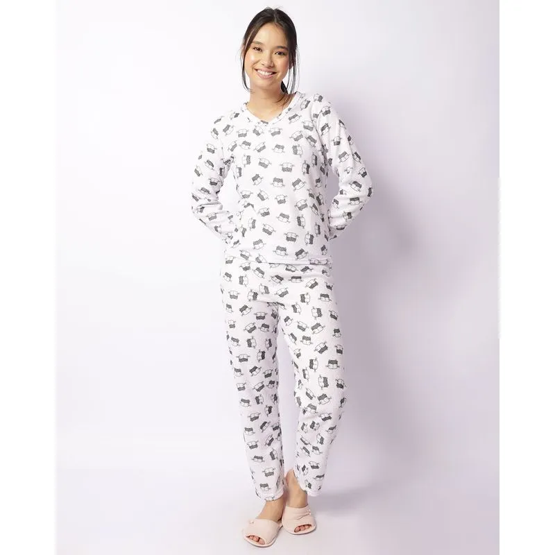 Pijama Feminino Longo Soft Estampado Gatinho Branco G