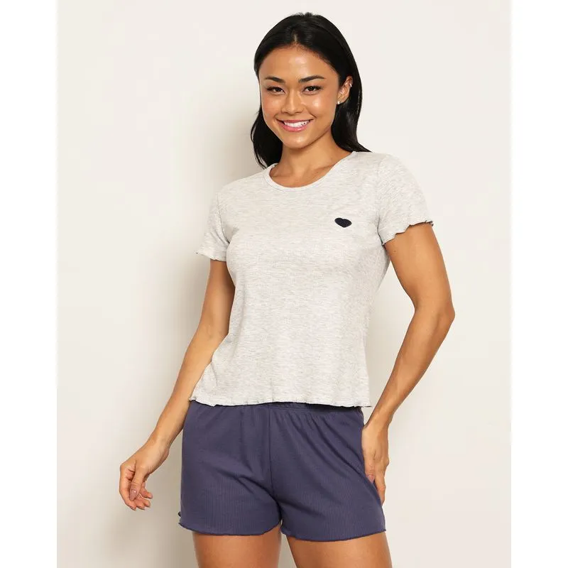Pijama Feminino Curto Canelado Frufru Marinho G