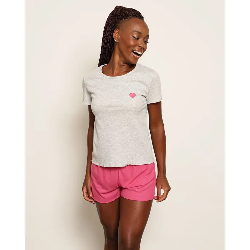 Pijama Feminino Curto Canelado Frufru Rosa M