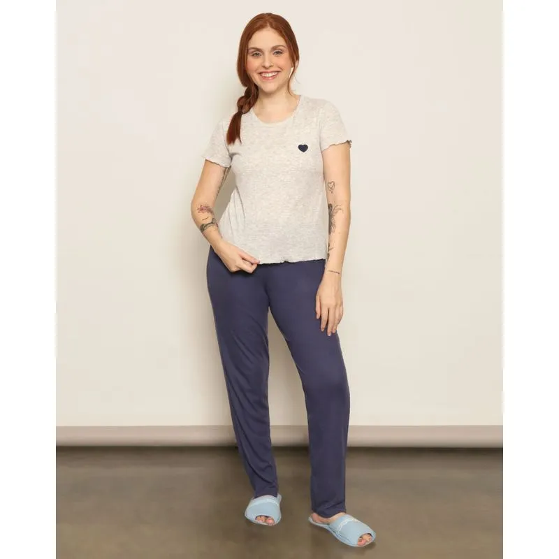 Pijama Feminino Longo Canelado Frufru Marinho M