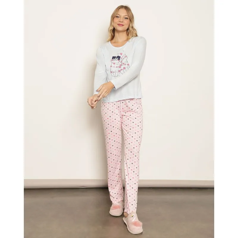 Pijama Feminino Longo Estampa Gatinhos Azul P