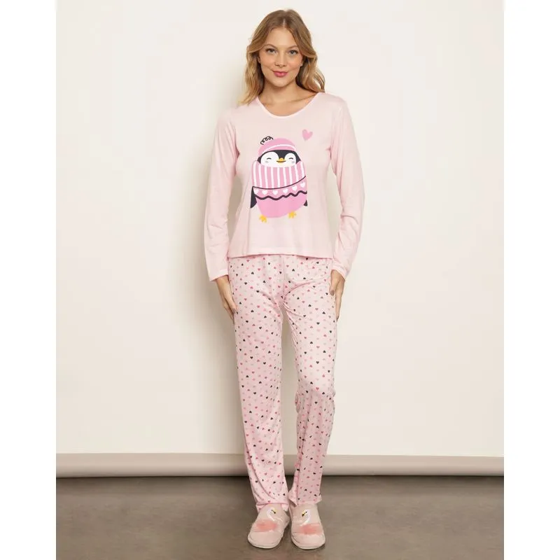 Pijama Feminino Longo Estampa Gatinhos Rosa M