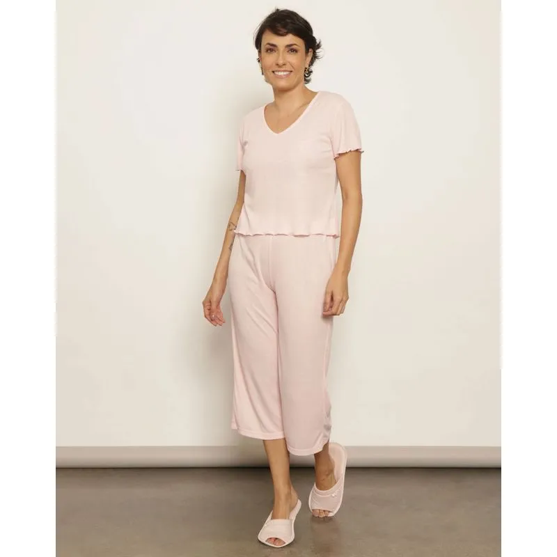 Pijama Feminino Curto Pantacour Manga Curta Rosa G