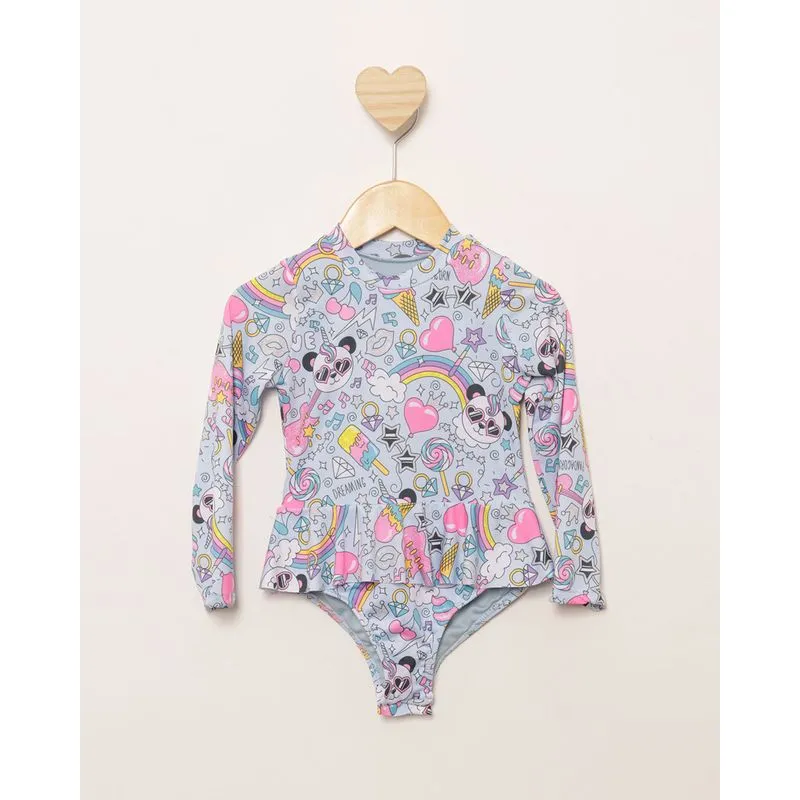 Maiô Infantil Menina Estampado Manga Longa Azul 1