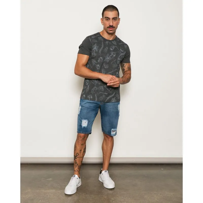 Bermuda Jeans Masculina Reta Destroyed Azul 40