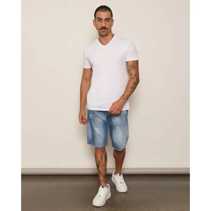 Bermuda Jeans Masculina Reta Puídos Com Bolsos Azul 44