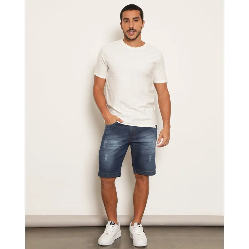 Bermuda Jeans Masculina Reta Com Puídos Azul 44