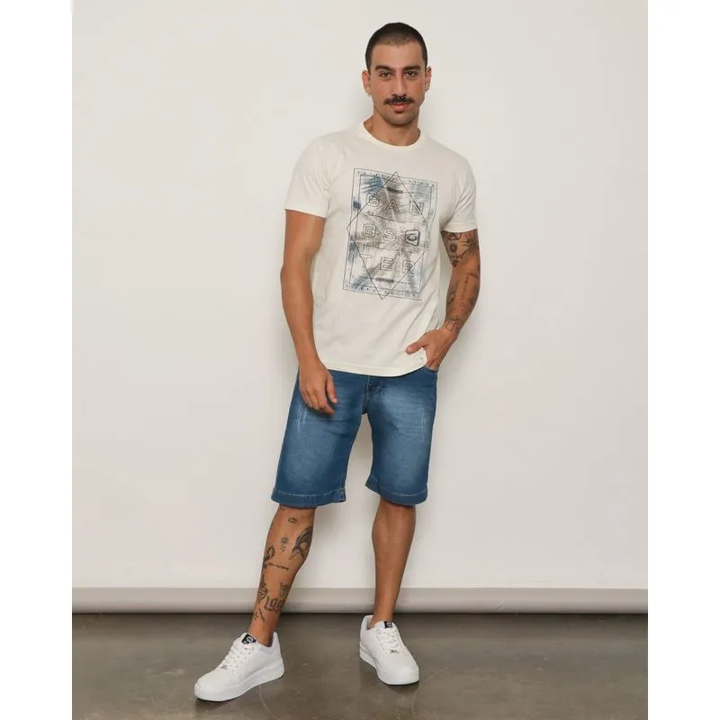 Bermuda Jeans Masculina Reta Puído Com Bolsos Azul 44