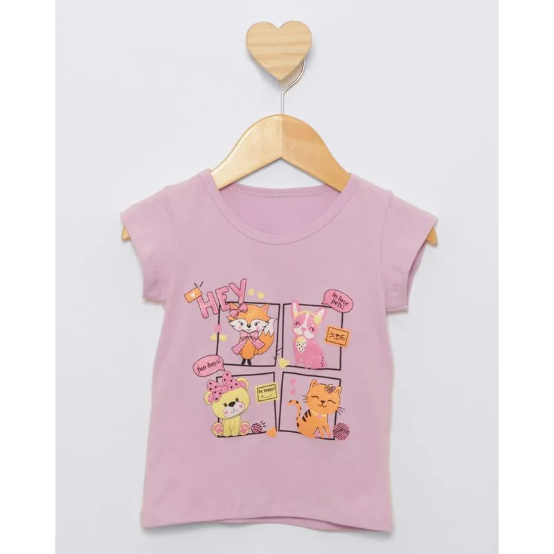 Blusa Bebê Estampa Bichinhos Manga Curta Lilás 2