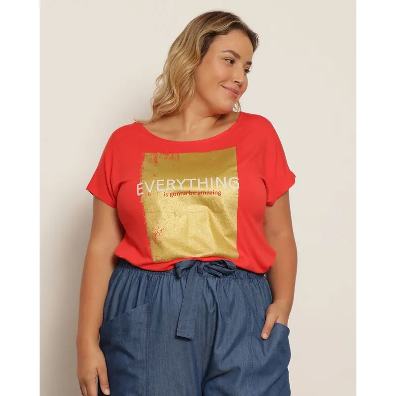Blusa Plus Size Feminina Manga Curta Com Estampa Vermelha G1