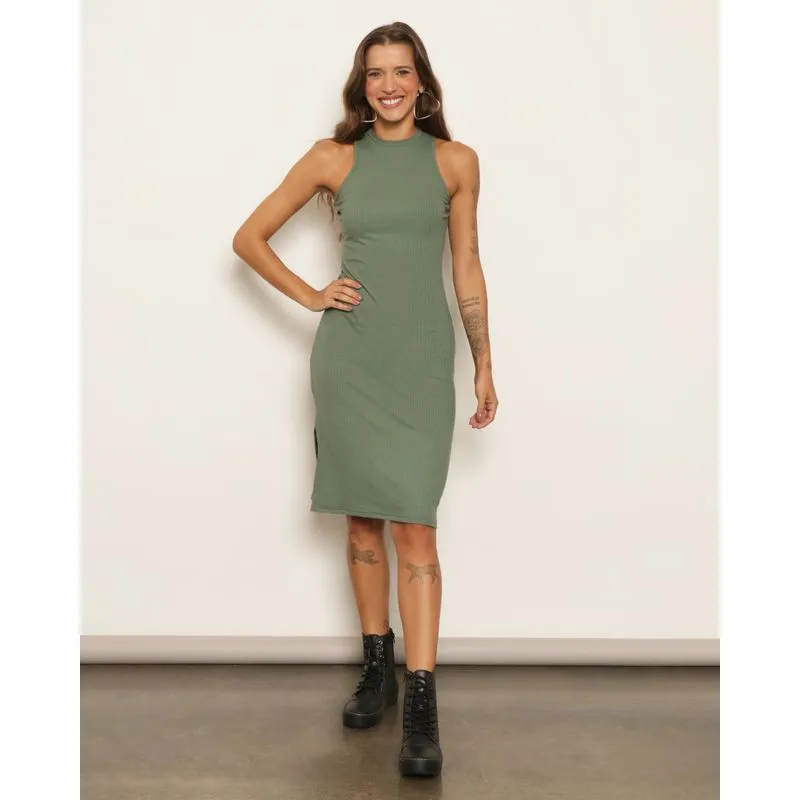 Vestido Feminino Midi Fenda Canelado Verde P