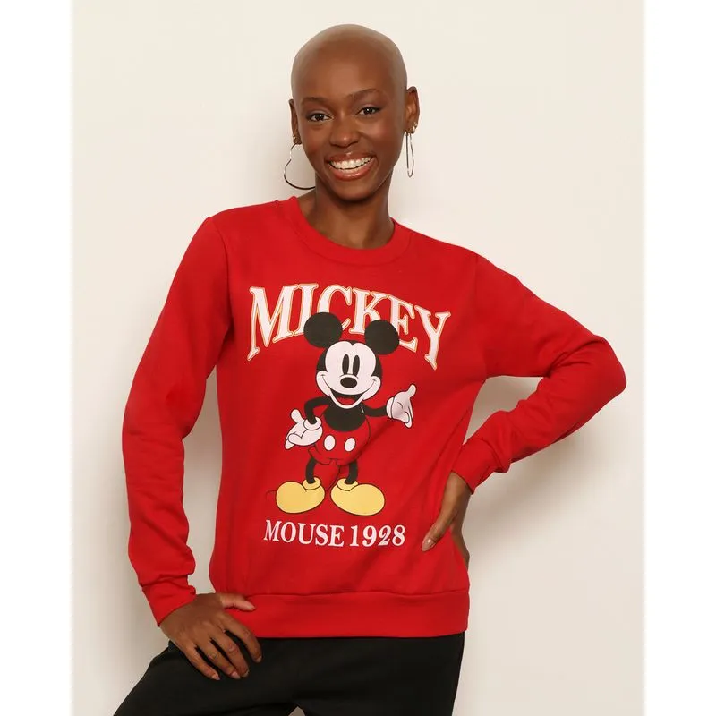 Blusão Moletom Feminino Peluciado Disney Estampa Mickey Vermelho M