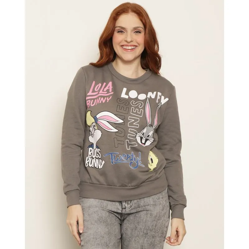 Blusa Feminino Peluciado Warner Looney Tunes Manga Longa Cinza G