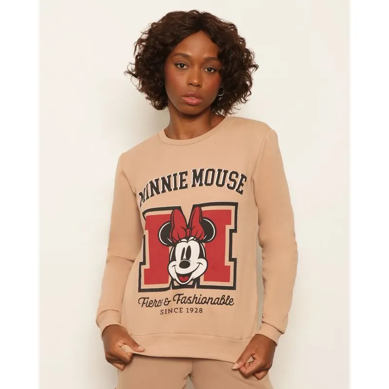 Blusão Moletom Feminino Peluciado Disney Estampa Minnie Bege P