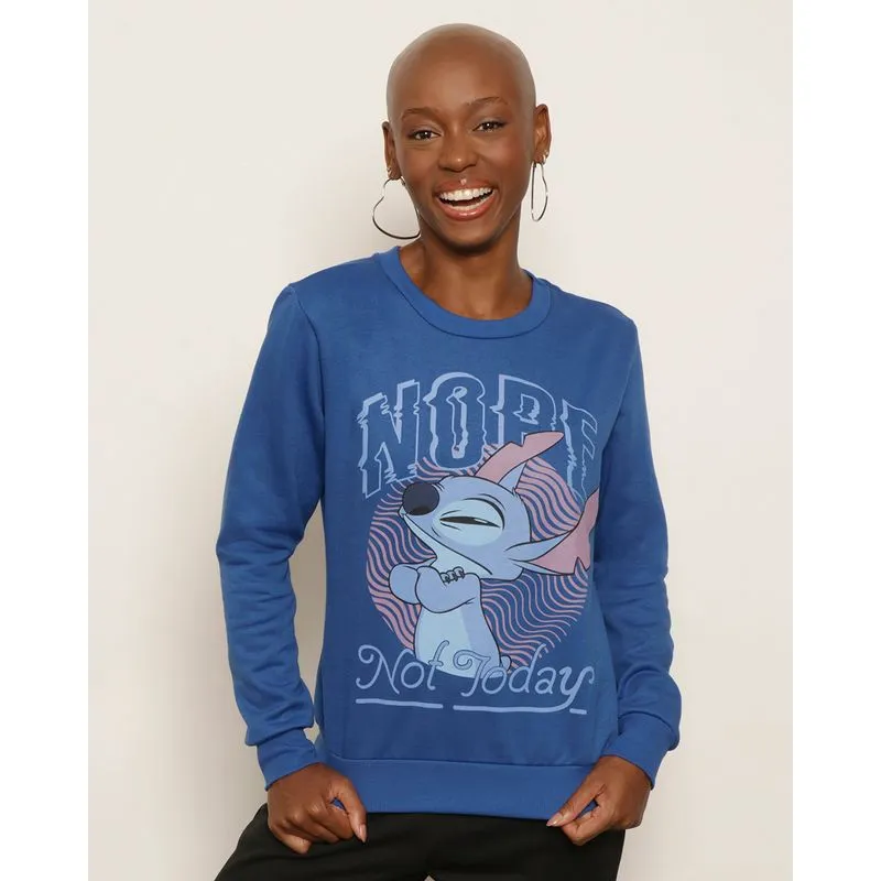 Blusão Moletom Feminino Peluciado Disney Stitch Manga Longa Azul M