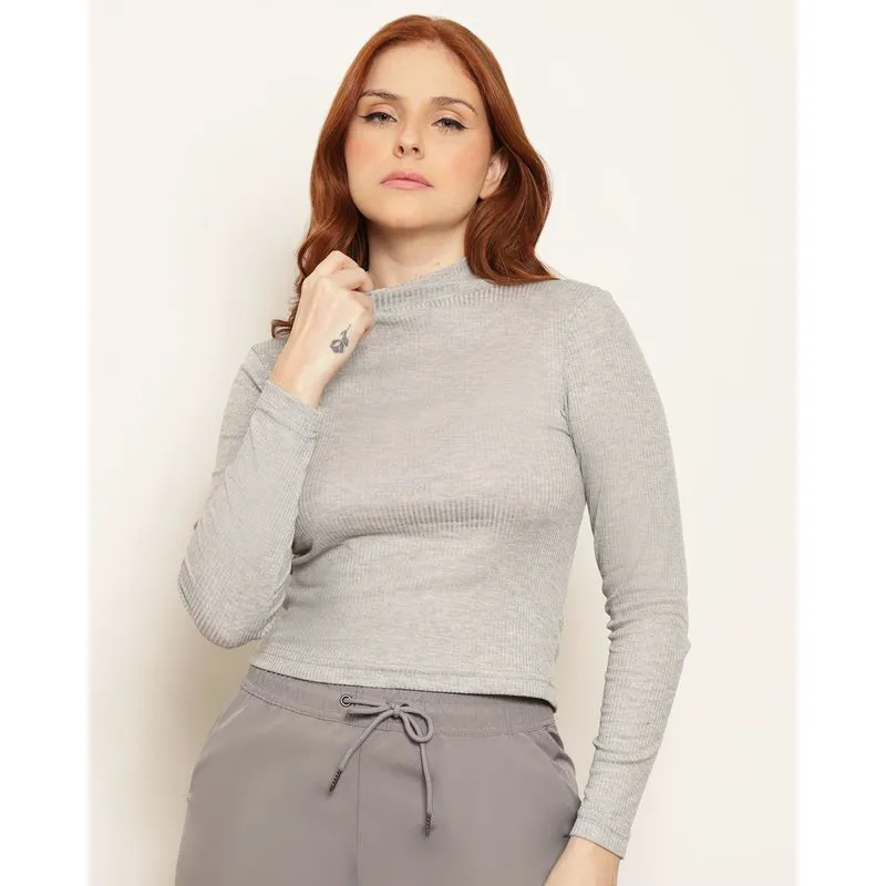 Blusa Feminina Manga Longa Gola Alta Canelada Cinza G