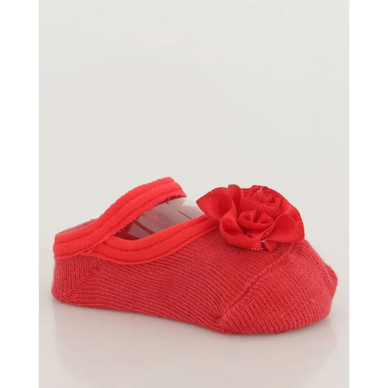 Meia Sapatilha Bebê Com Flor Decorativa Vermelha 13 A 16