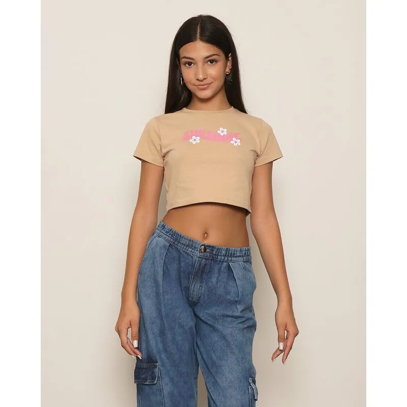 Blusa Juvenil Cropped Manga Curta Estampa Sunshine Bege 12