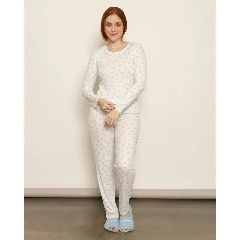 Pijama Feminino Longo Canelado Estampado Corações Azul P