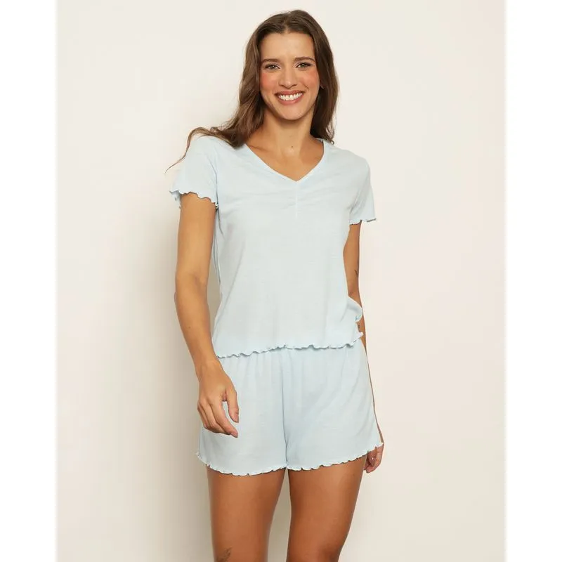 Pijama Feminino Curto Canelado Frufru Azul P