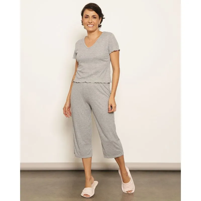 Pijama Feminino Curto Pantacour Manga Curta Cinza P