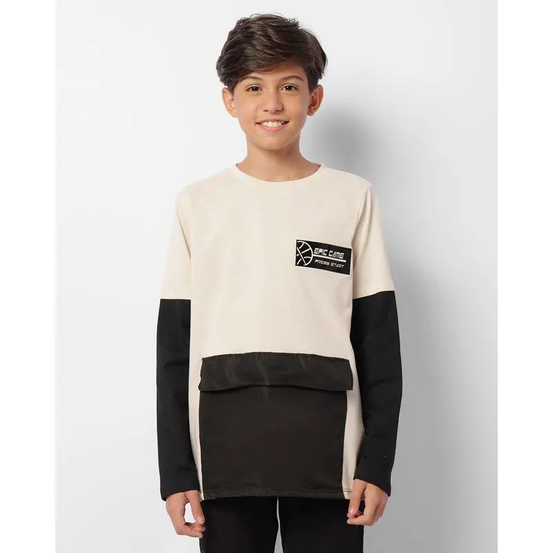 Camiseta Juvenil Bolso Com Aplicação Manga Longa Bege 12