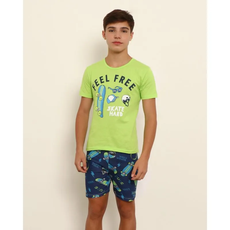 Pijama Juvenil Manga Curta Com Estampa Frontal Skate Verde 14