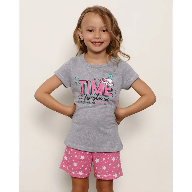 Pijama Infantil Manga Curta Estampa Frontal Mescla Cinza 4