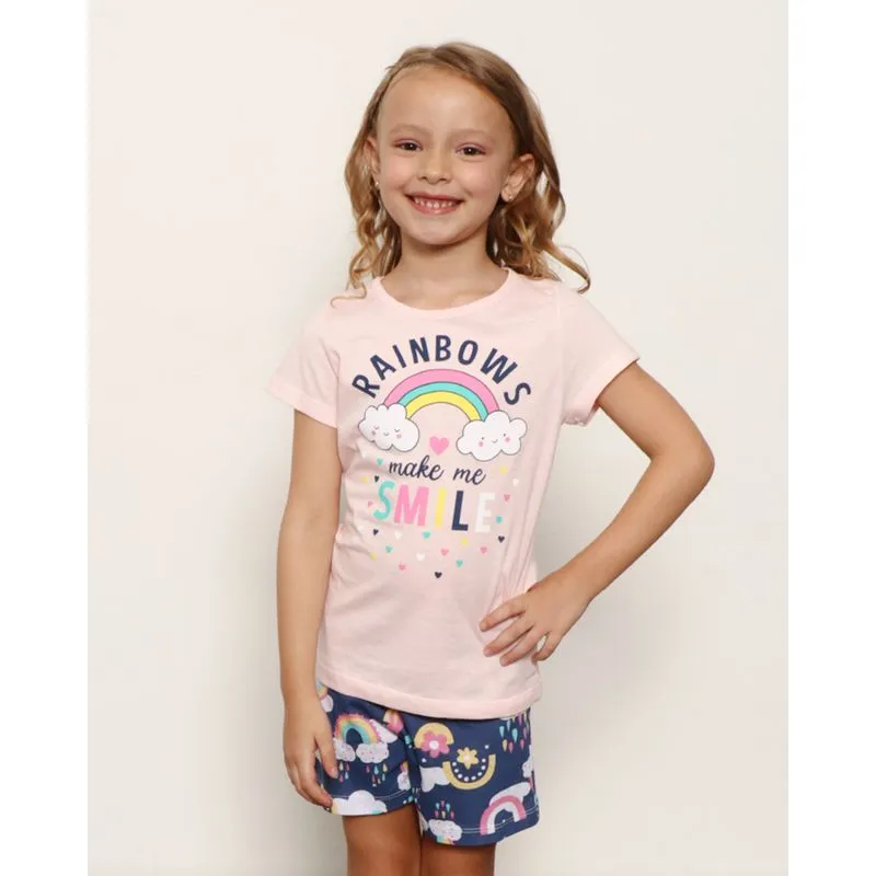 Pijama Infantil Manga Curta Estampa Frontal Arco-íris Rosa 8