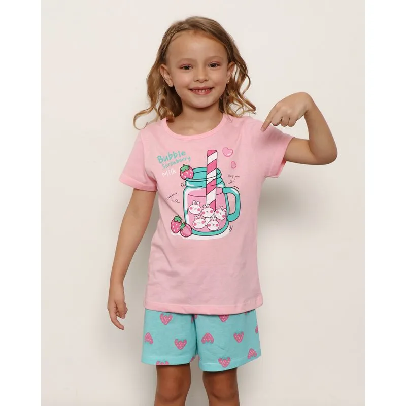 Pijama Infantil Manga Curta Estampa Frontal Copo Rosa 8