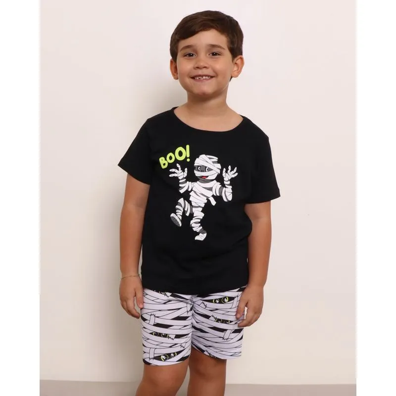 Pijama Infantil Manga Curta Estampa Monstrinho Preta 10