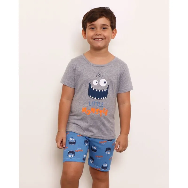 Pijama Infantil Manga Curta Com Estampa Frontal Monster Mescla Cinza 4