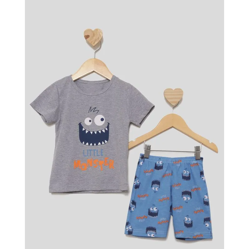 Pijama Bebê Manga Curta Com Estampa Frontal Monster Mescla Cinza 3