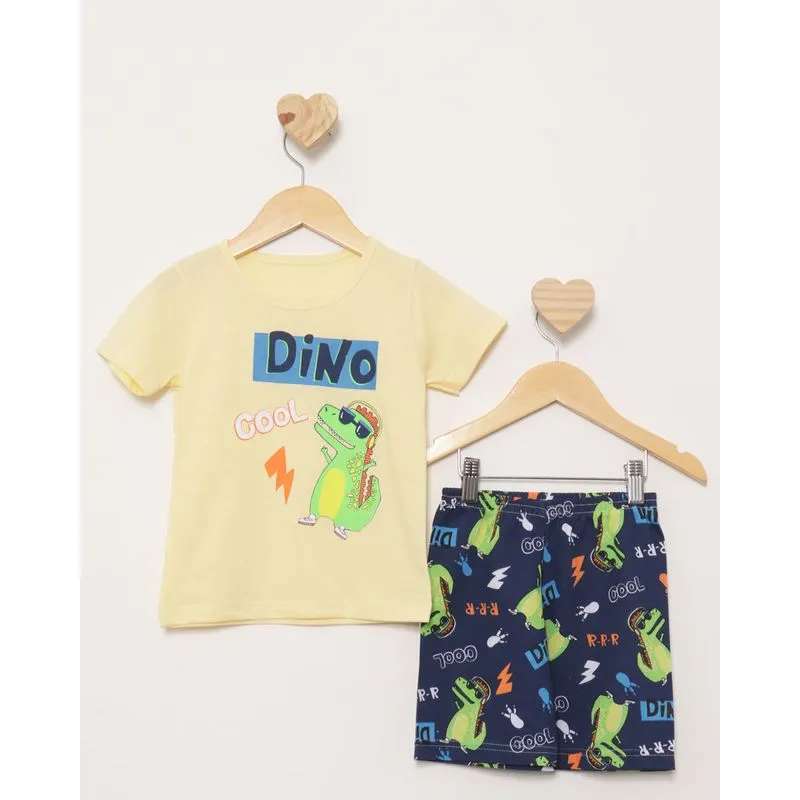 Pijama Bebê Manga Curta Com Estampa Frontal Dinossauro Amarelo 3