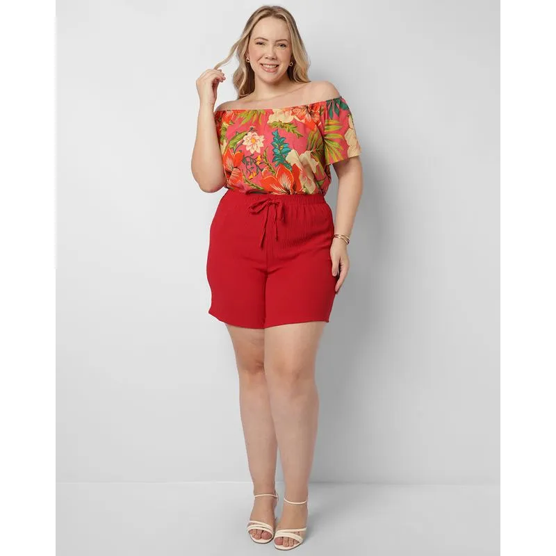 Short Plus Size Feminino Curto Texturizado Vermelho G3